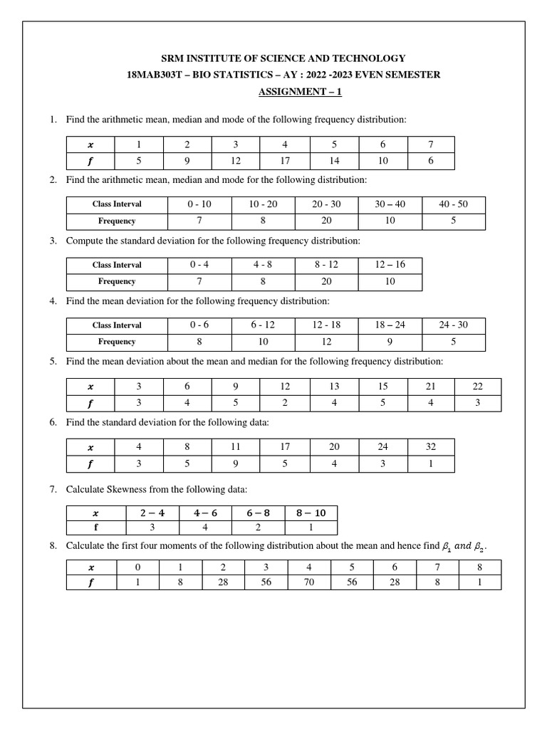 Assignment 1 - 18MAB303T - 22-23 EVEN | PDF | Mean | Mode (Statistics)