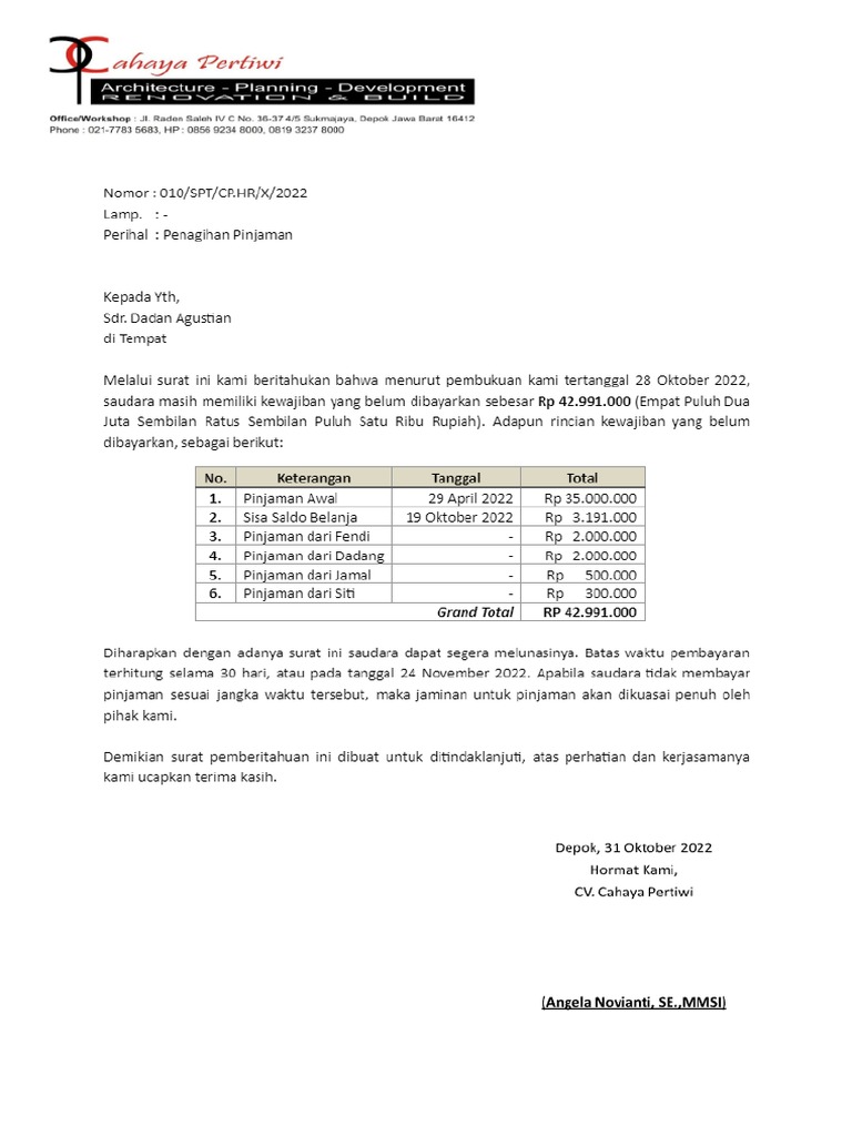 Surat Pemberitahuan Hutang | PDF