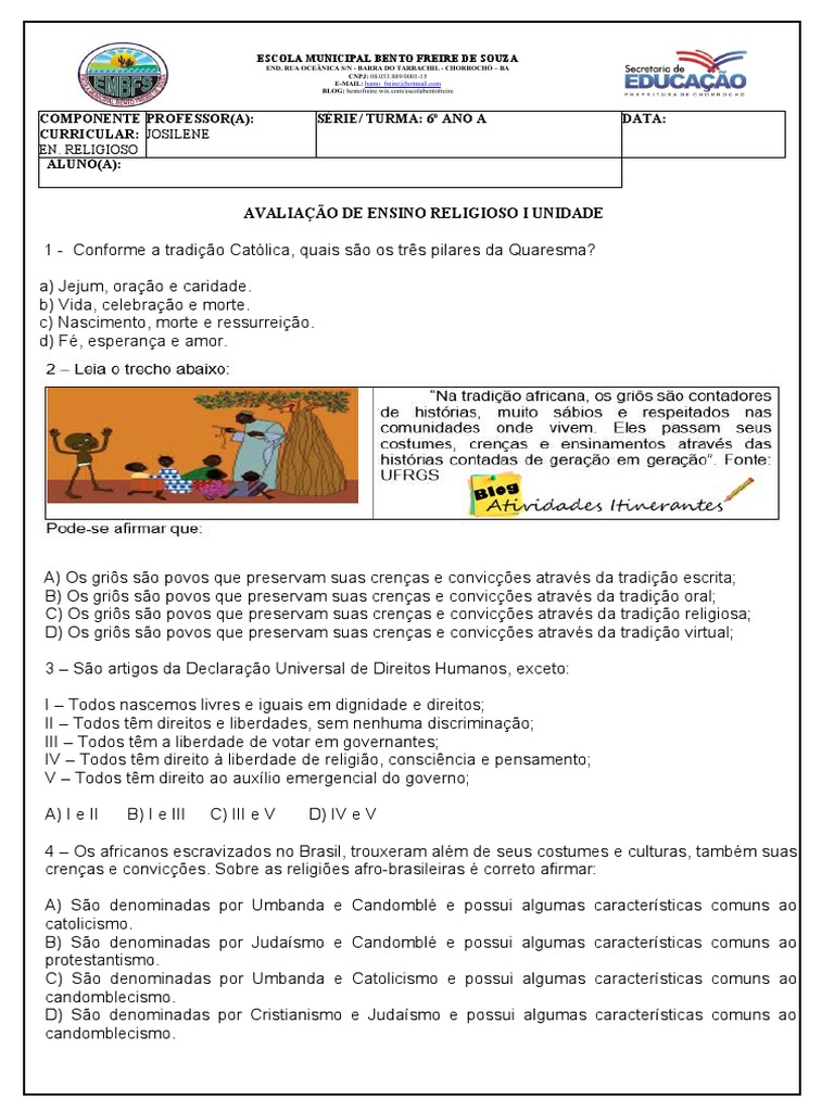 Avaliacao ENSINO RELIGIOSO 6 ANO A | Download grátis PDF | Brasil ...