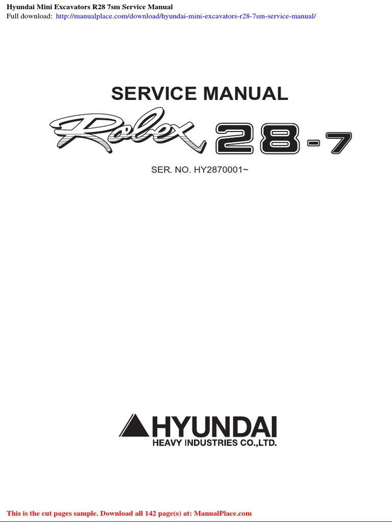 Hyundai Mini Excavators r28 7sm Service Manual | PDF | Manufactured ...