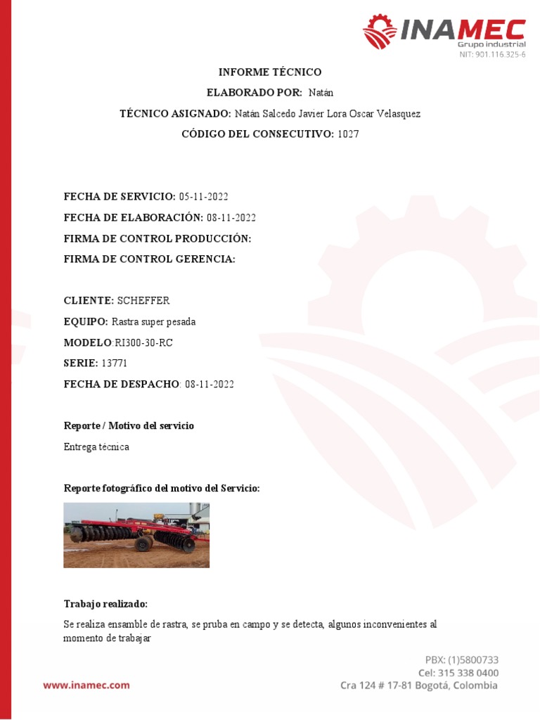 Informe Técnico: Rastra Scheffer RI300-30-RC | PDF