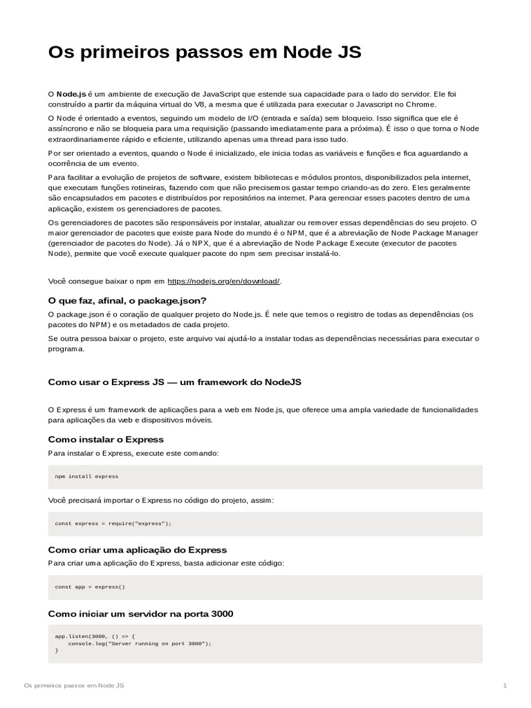 Os Primeiros Passos em Node JS | PDF image.
