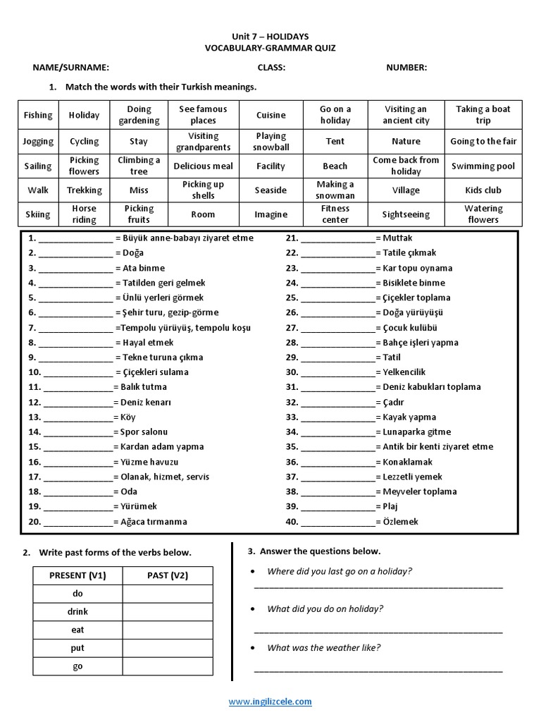 6 Sinif 7 Unite Holidays Vocabulary Grammar Quiz Pdf