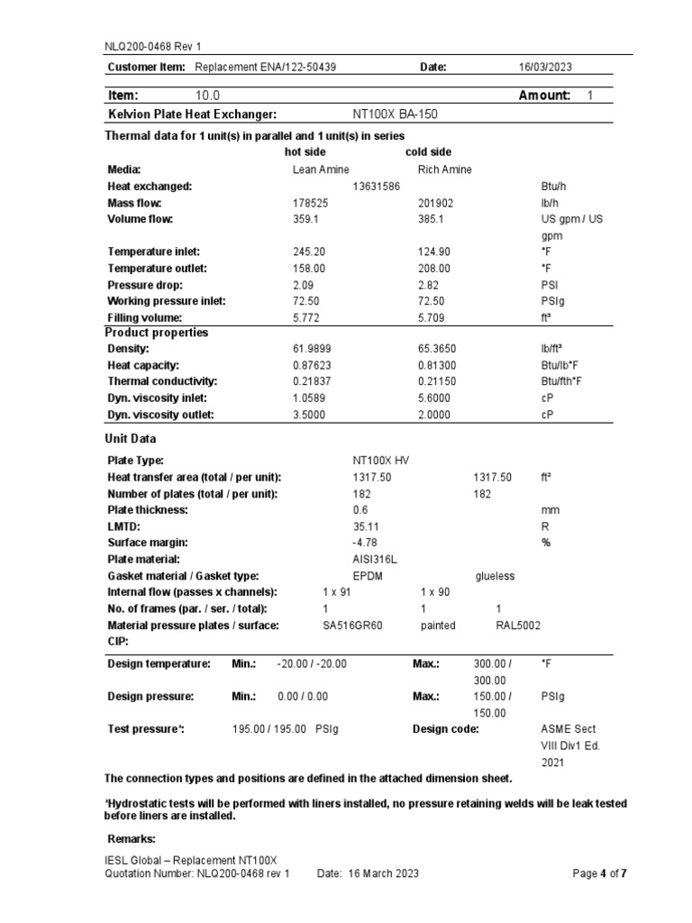 TECHNICAL DATASHEET FOR _For Supply of Amine - Plate & Frame Exchanger ...