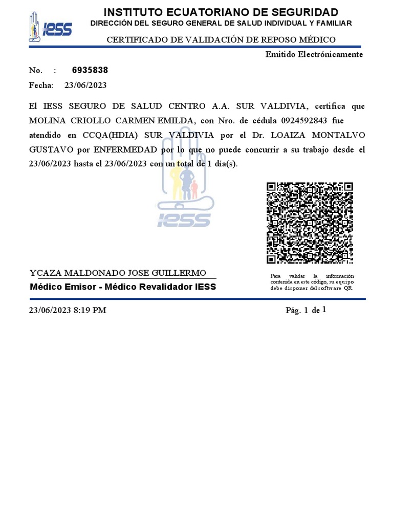 Certificado de Reposo Médico IESS | PDF