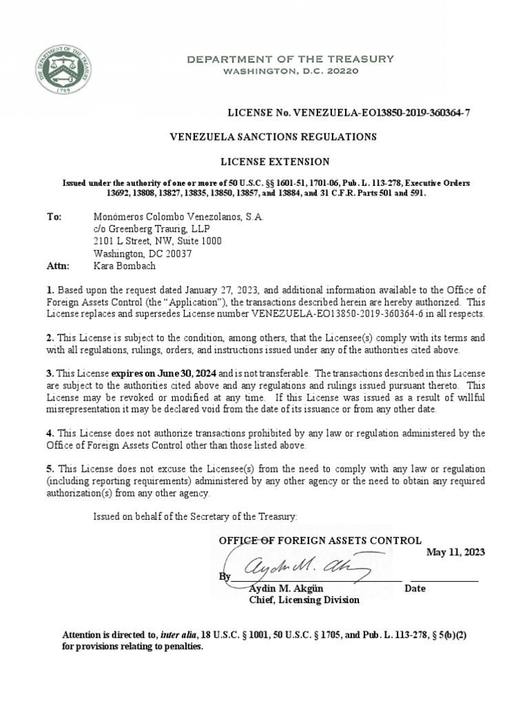 OFAC License for Monómeros Venezuela | PDF | Finance & Money Management