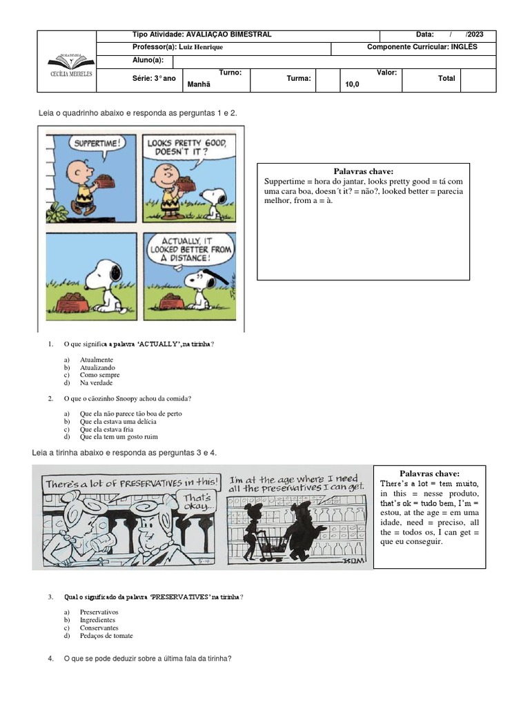 Avaliação Bimestral de Inglês 3º Ano | PDF