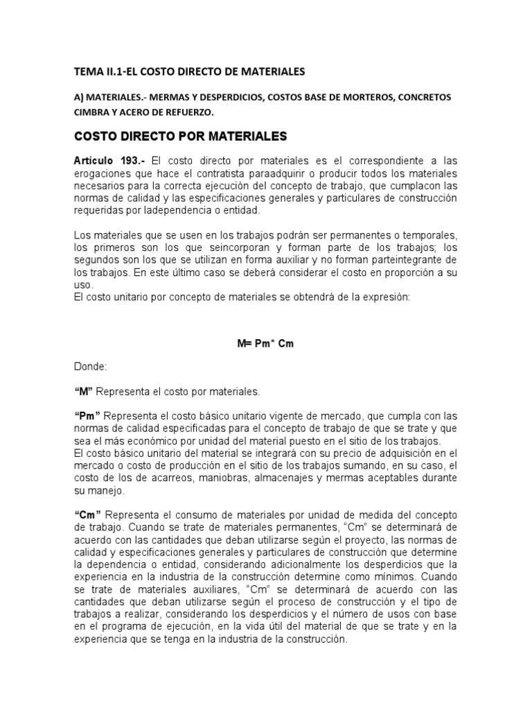 Costo Directo de Materiales en Obra | PDF | Mercado (economía) | Precios