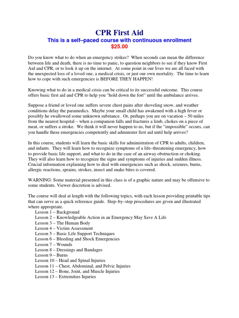 CPR First Aid Syllabus First Aid Traumatology