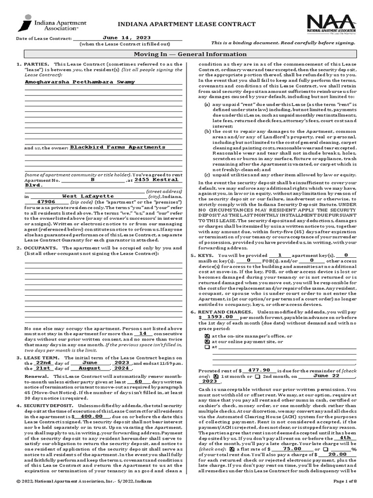 Indiana apartment lease contract june 14 2023 pdf lease renting