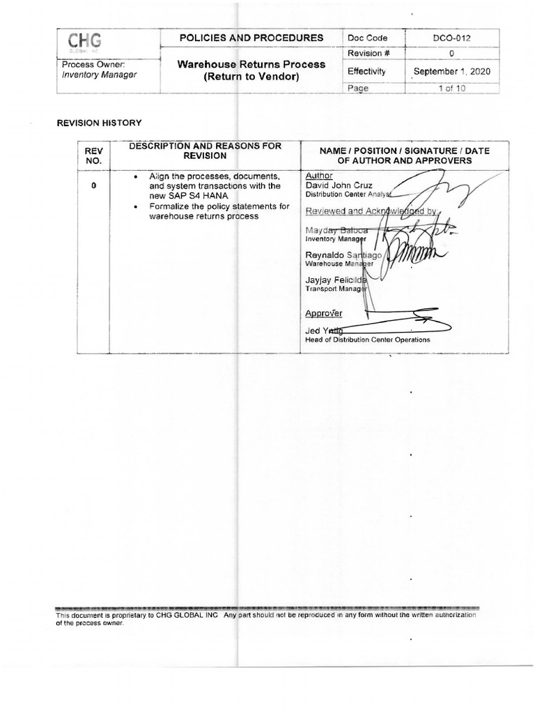 DCOSOP012 Warehouse Returns Process (Return To Vendor) Rev0 PDF
