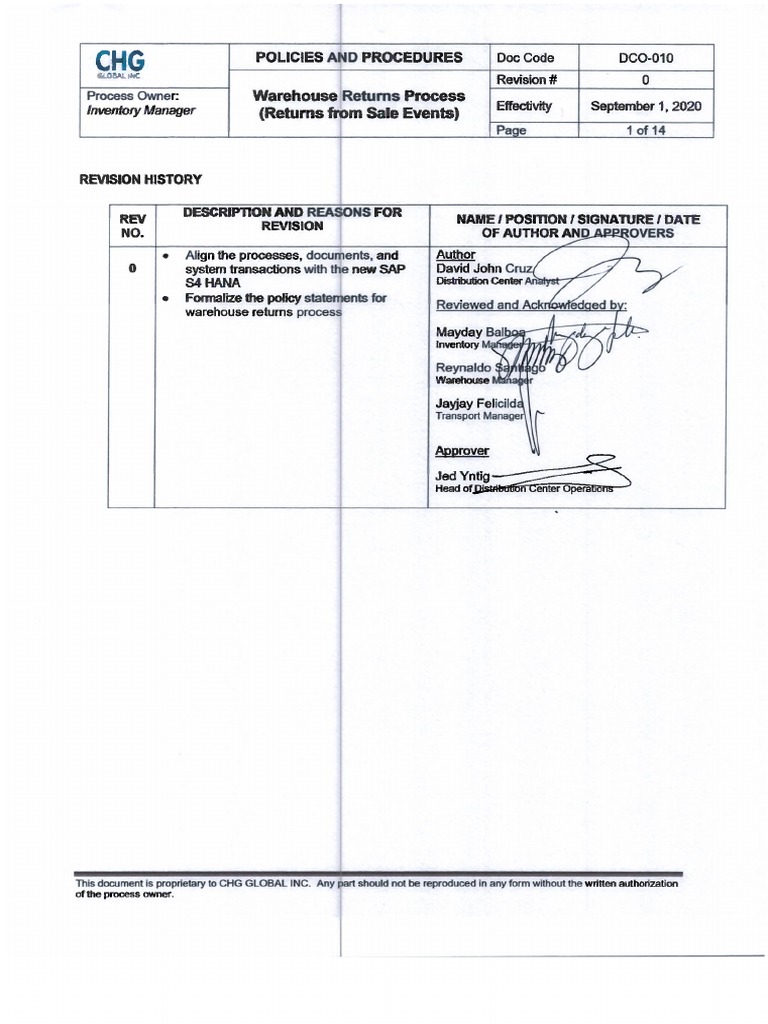 DCO-SOP-010 Warehouse Returns Process (Returns From Sale Events) Rev0 | PDF