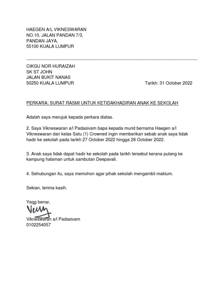 Surat Cuti Sekolah Untuk Deepavali Pdf