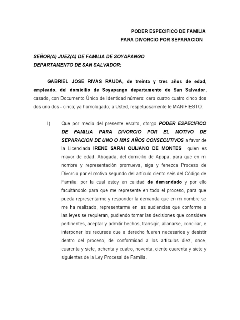 Poder Especifico de Familia para Divorcio Por Separacion | PDF | Derecho