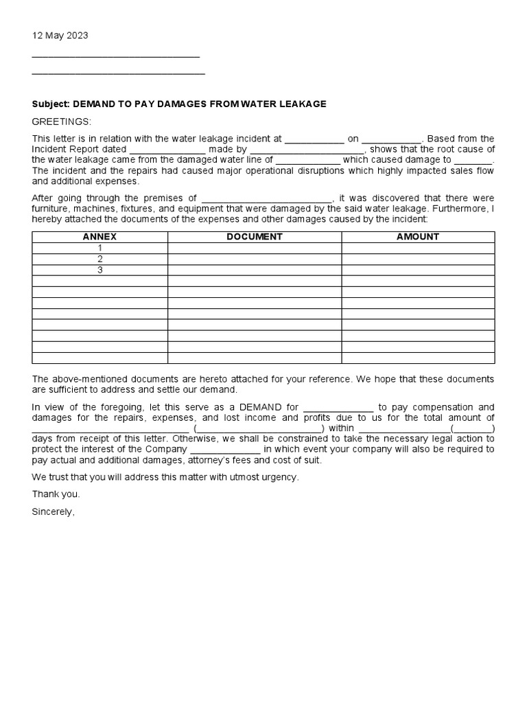 Demand Letter Water Leakage | PDF