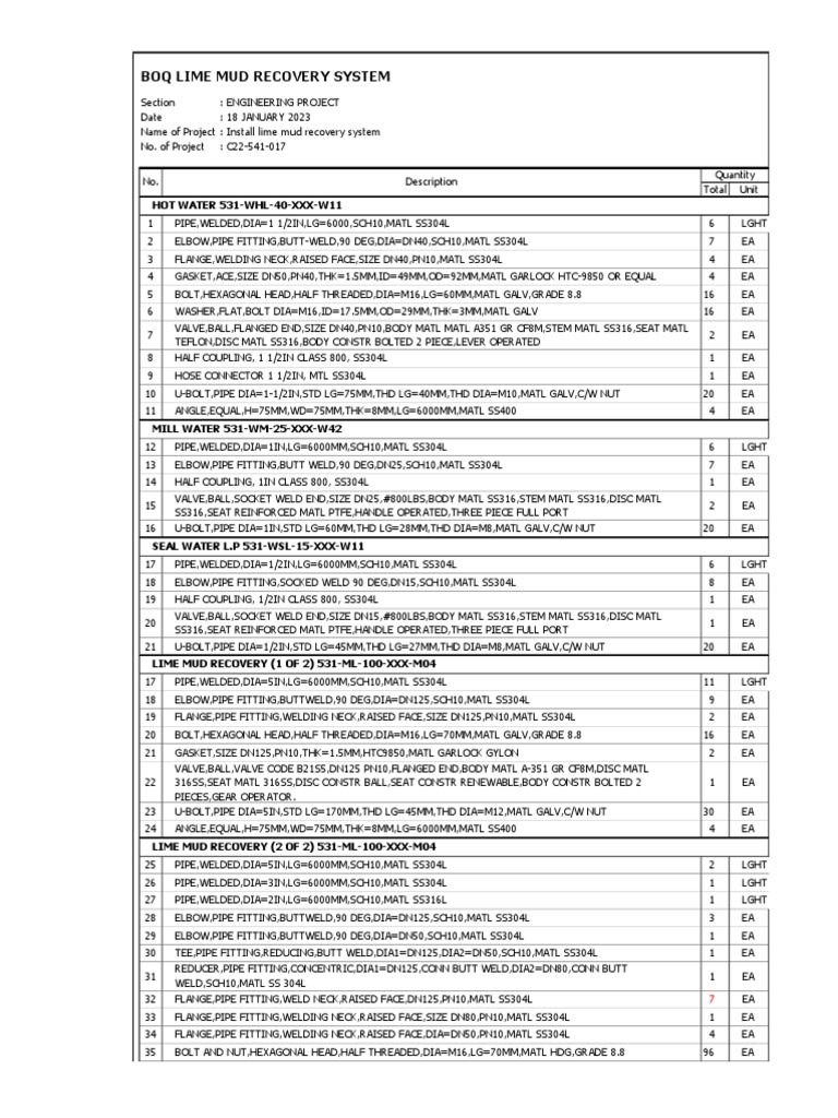C22-541-017 - Boq Lime Mud Recovery System | PDF | Pipe (Fluid ...