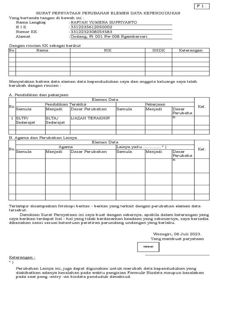 Surat Pernyataan Perubahan Data KK | PDF