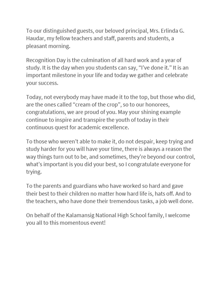 Welcome Remarks for Recognition Day | PDF