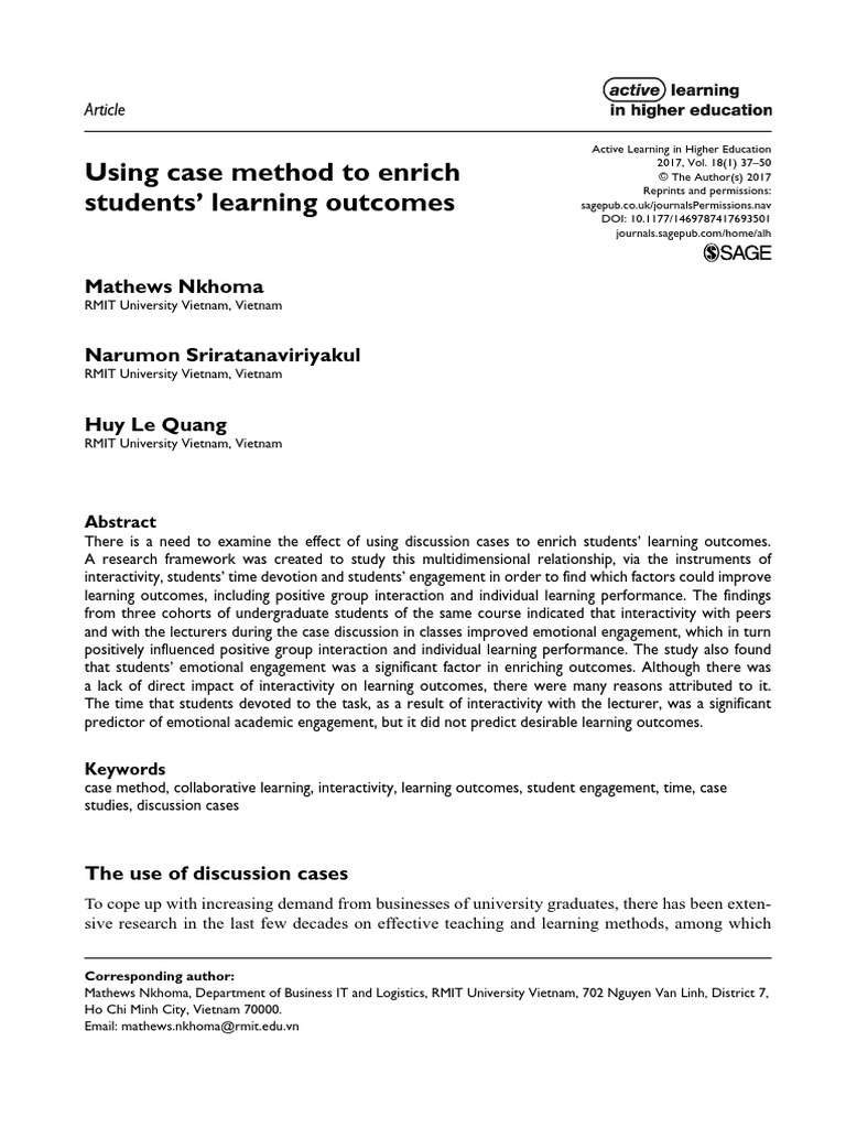 Using Case Method To Enrich Students Lea PDF Factor Analysis Internal Consistency