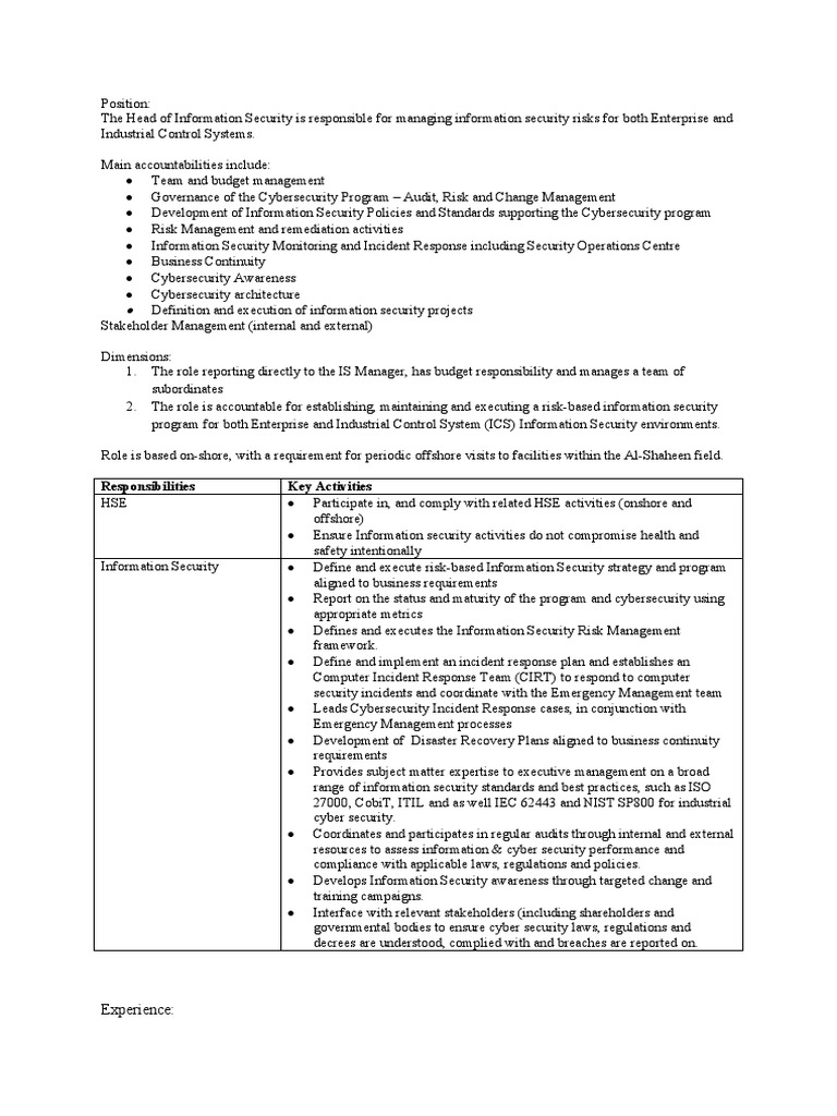 Head of Information Security PDF Information Security Security