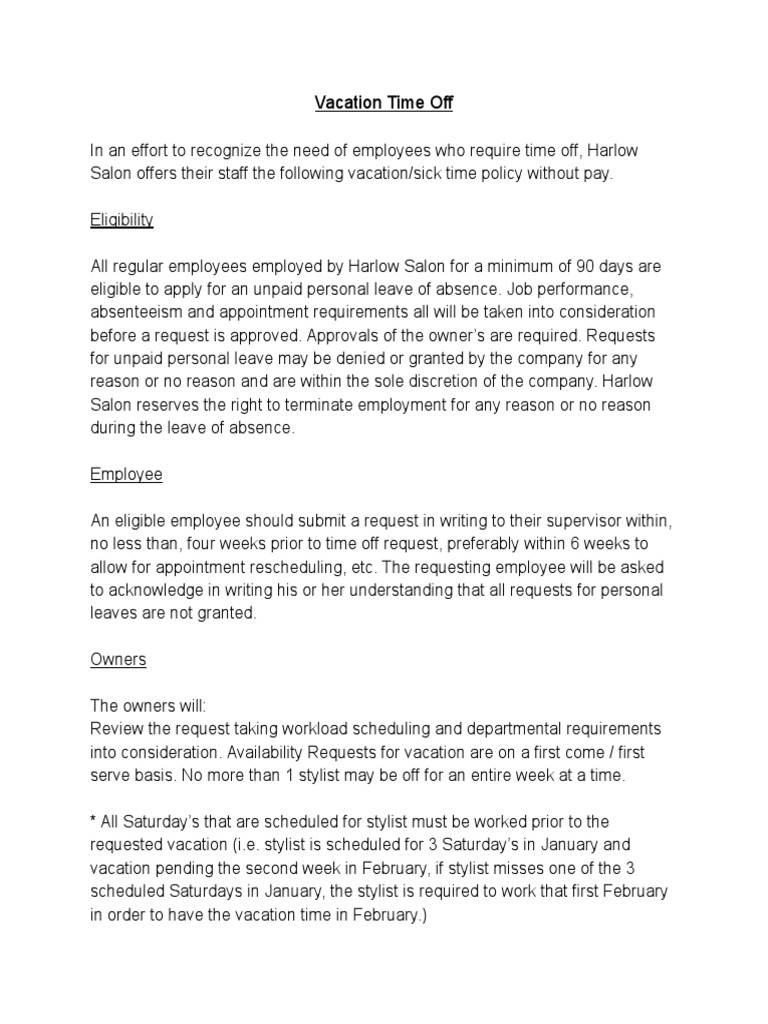 Personal Time Off PDF Employment Vacation