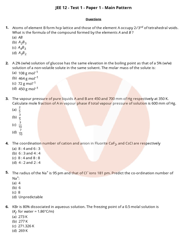 JEE 12 - Test 1 - Paper 1 - Main Pattern | PDF | Ion | Electric Charge