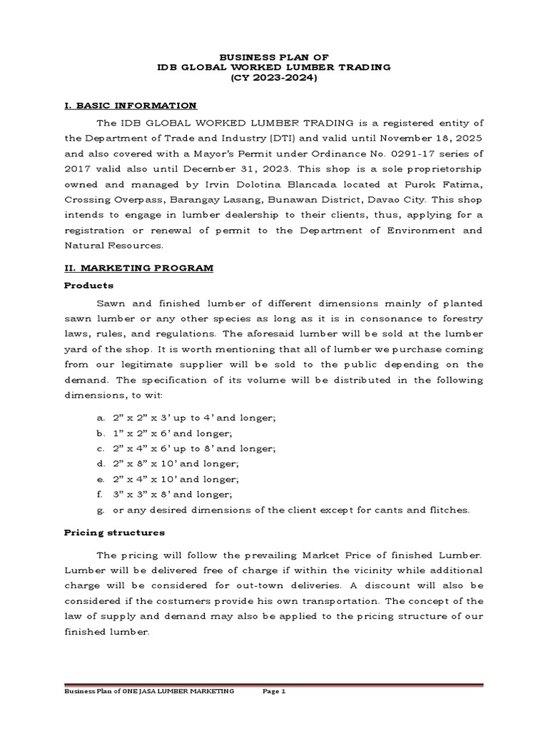 Business Plan For Lumber Dealer PDF Lumber Pricing