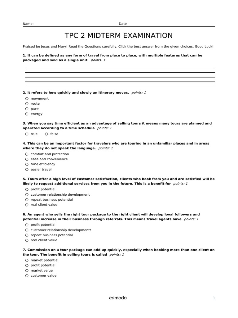 TPC 2 Midterm Exam Overview | PDF | Tourism | Customer