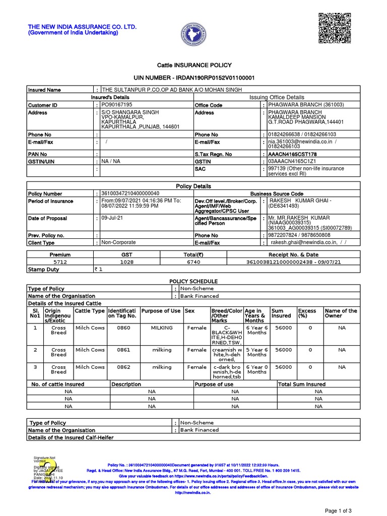 Cattle Insurance Policy UIN NUMBER IRDAN190RP0152V01100001 PDF