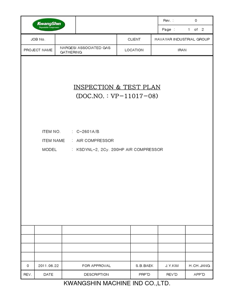 KSDYNL-2 Air Compressor Inspection Plan | PDF | Pressure | Gas Technologies