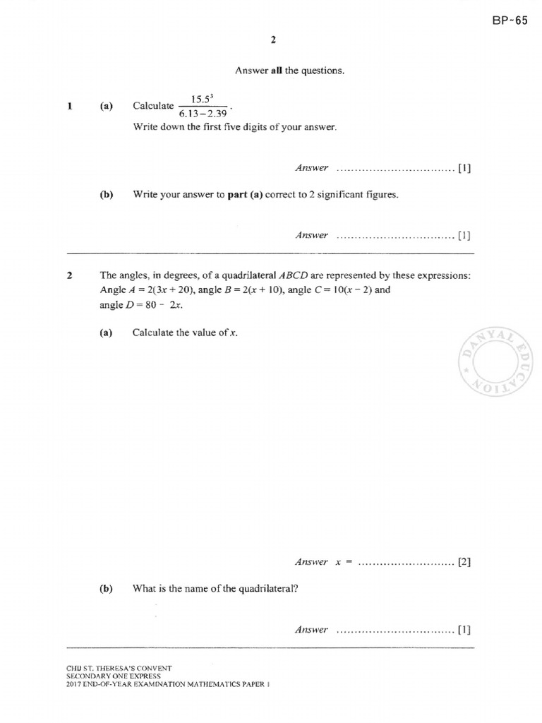 Sec 1 Math CHIJ ST Theresa Sec SA2 2017 | PDF | Volume | Elementary Mathematics