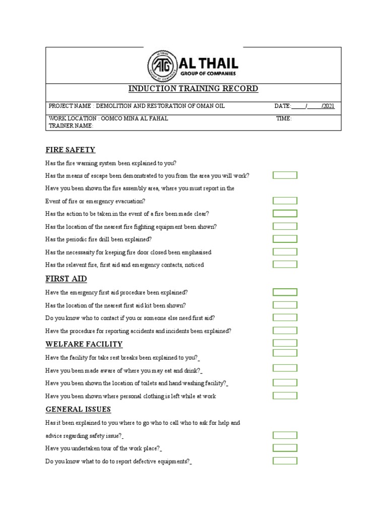 Induction Training Record for Oman Oil | PDF | Technology & Engineering