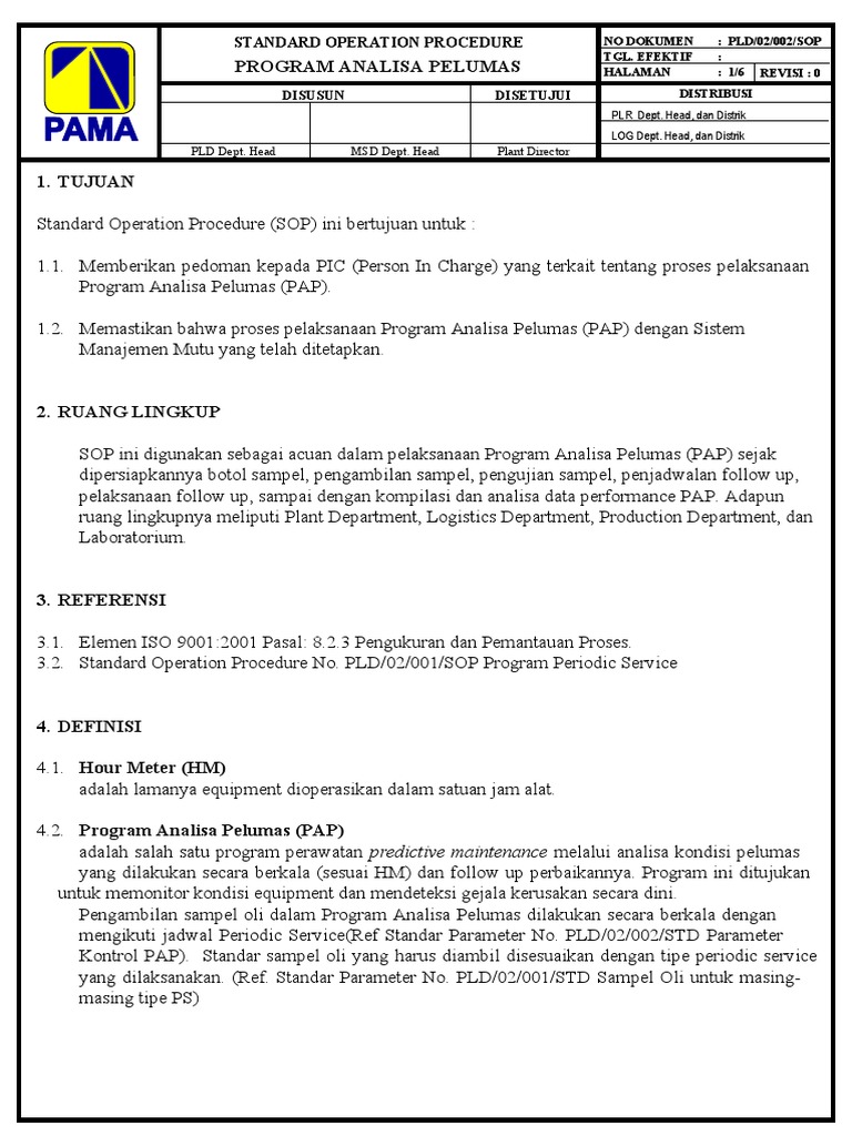 SOP Program Analisa Pelumas (PAP) | PDF | Sains & Matematika