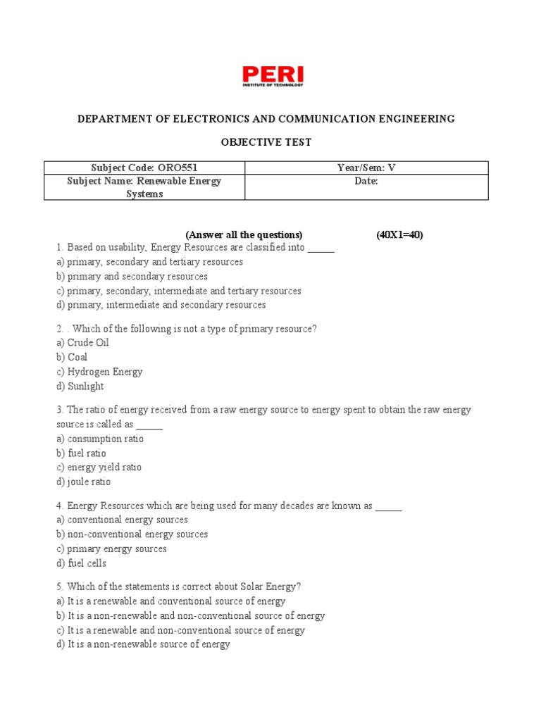 MCQ Res1 PDF Energy Development Renewable Energy