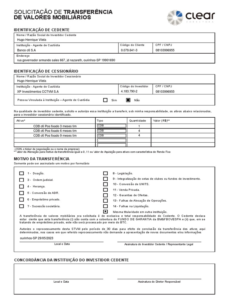 Solicitação de Transferência de Valores Mobiliários | PDF | Impostos ...