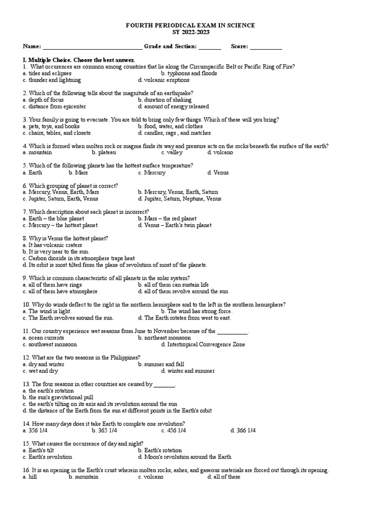 Fourth Periodical Exam in Science | PDF | Planets | Volcano
