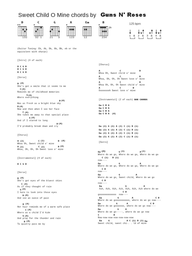 Sweet child o mine chords by guns n roses pdf song structure songs