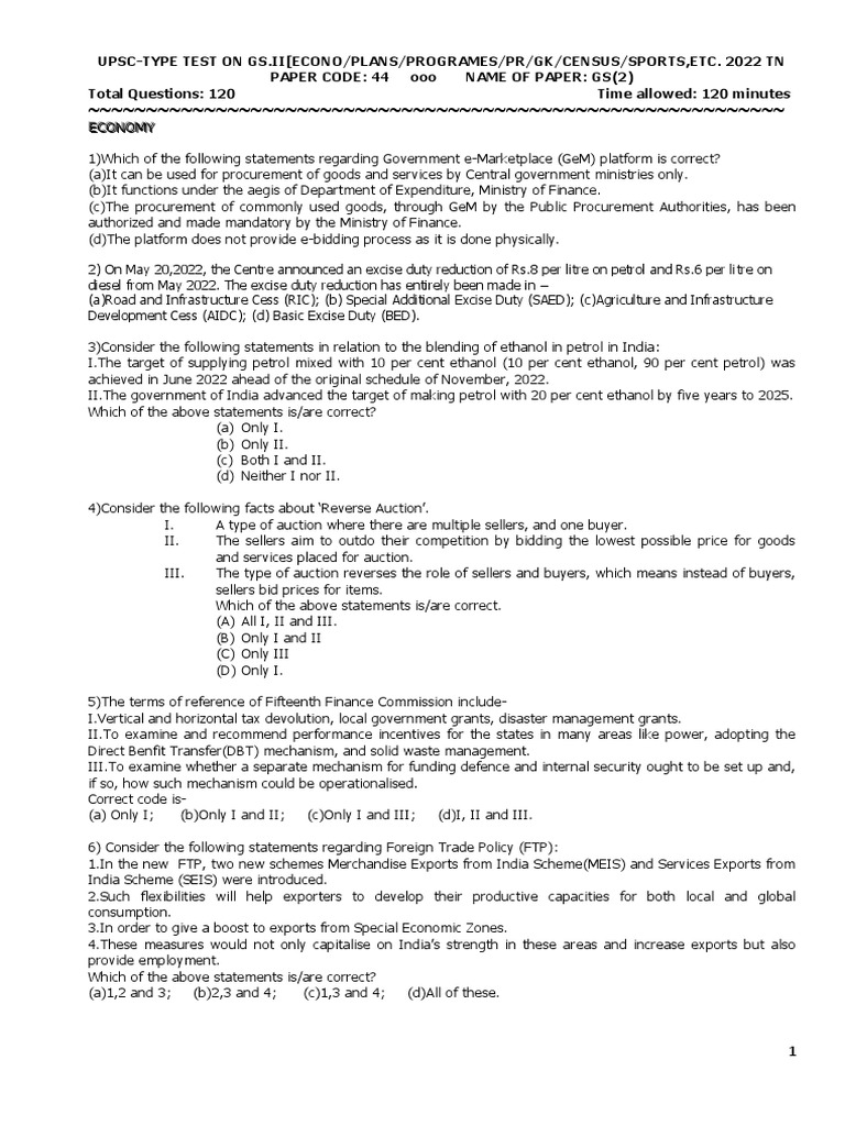 1.2. UPSC TYPE TEST (CODE 44) ON GS (II) ECONOMY, ETC. 2022 TB With ...