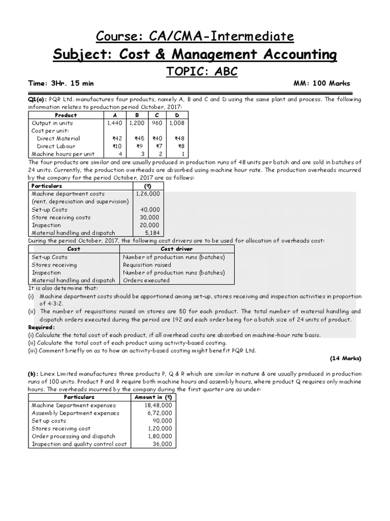 Activity Based Costing Test Questions Pdf Cost Cost Of Goods Sold