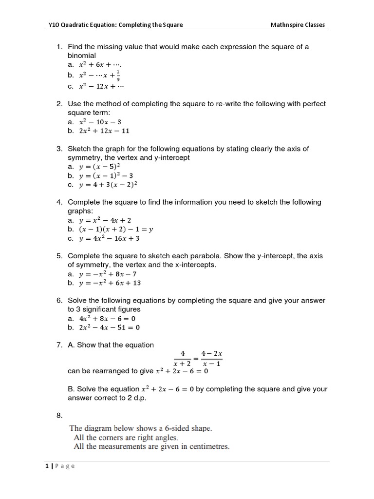 Y10HW Completing The Square | PDF | Teaching Methods & Materials ...