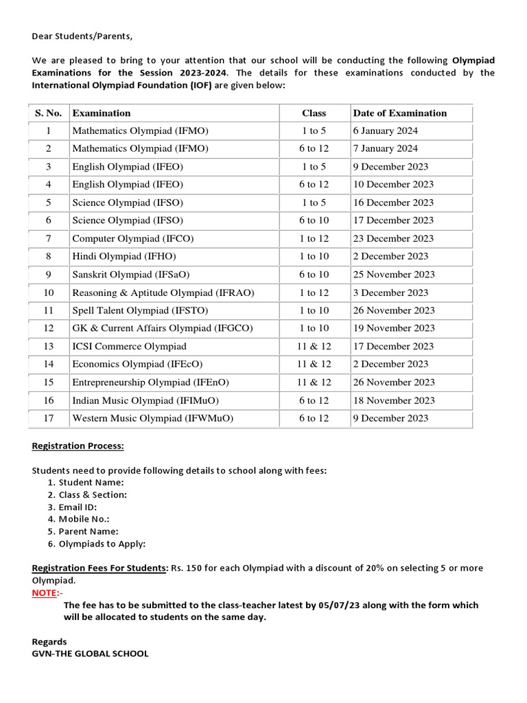 Olympiad Registration Circular 2023-24 | PDF | Sports & Recreation ...