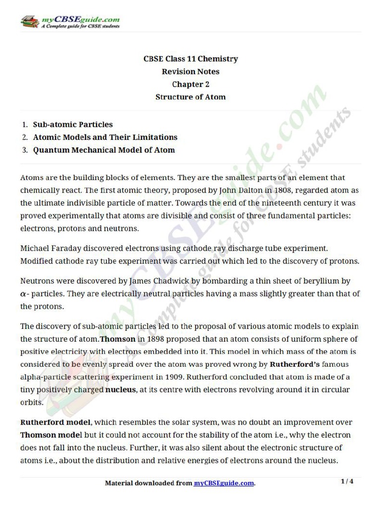 11 Chemistry Notes Ch02 Structure of Atom | PDF