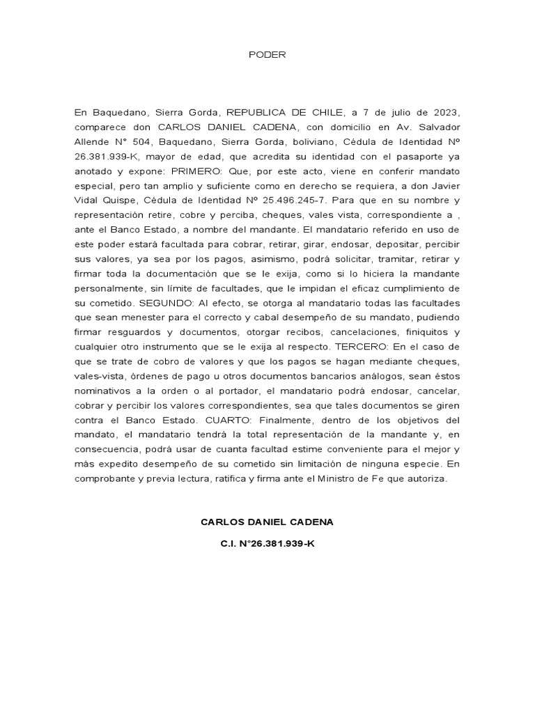 Poder Bancario para Retiro en Banco Estado | PDF