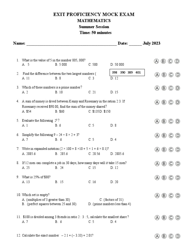 Exit Proficiency Mock Exam 2 | PDF | Numbers | Prime Number