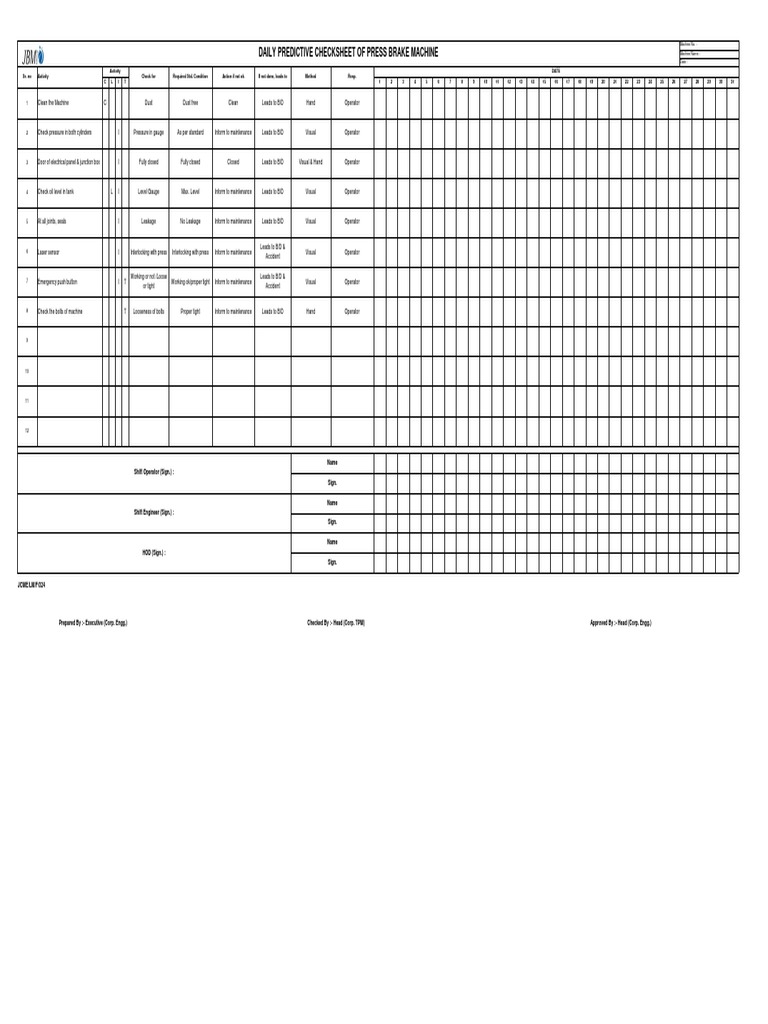 238 Preventive Check Sheet of Press Brake Machine PDF Tools Machines