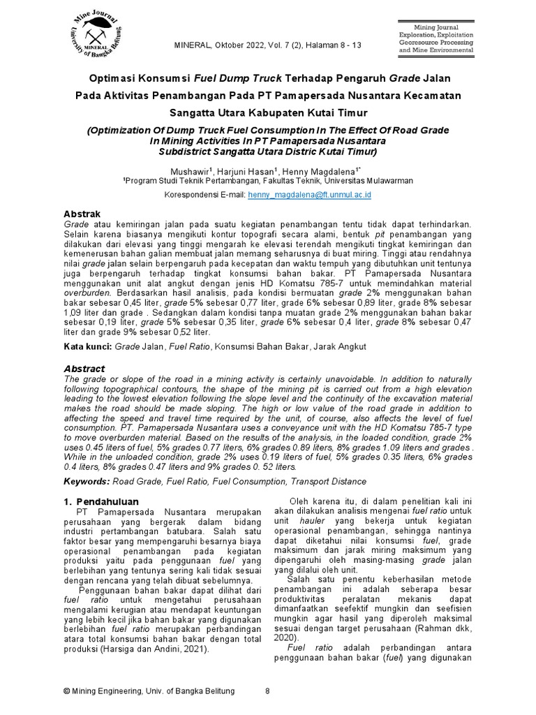 Optimasi Konsumsi Fuel Dump Truck Terhadap Pengaruh Grade Jalan Pada