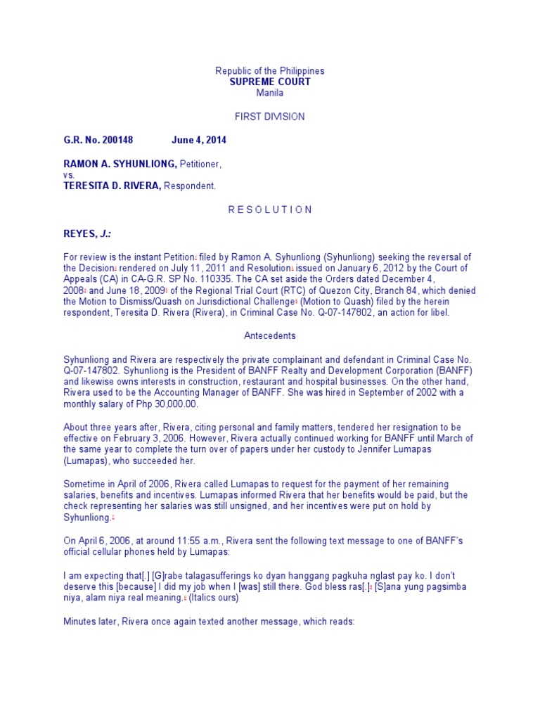 Syhunliong Vs Rivera PDF Defamation Statute Of Limitations