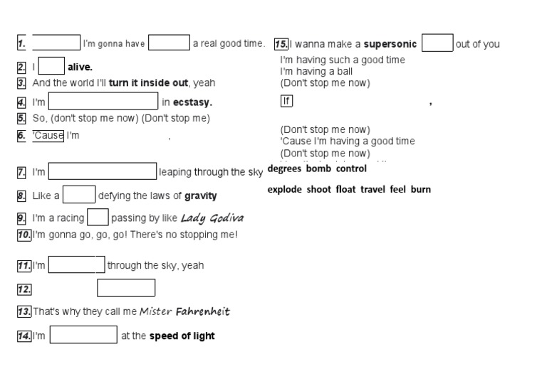 Queen - Don't Stop Me Now Lyrics Worksheet | PDF