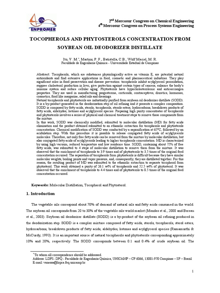 Tocopherols and Phytosterols Concentration From Soybean Oil Deodorizer