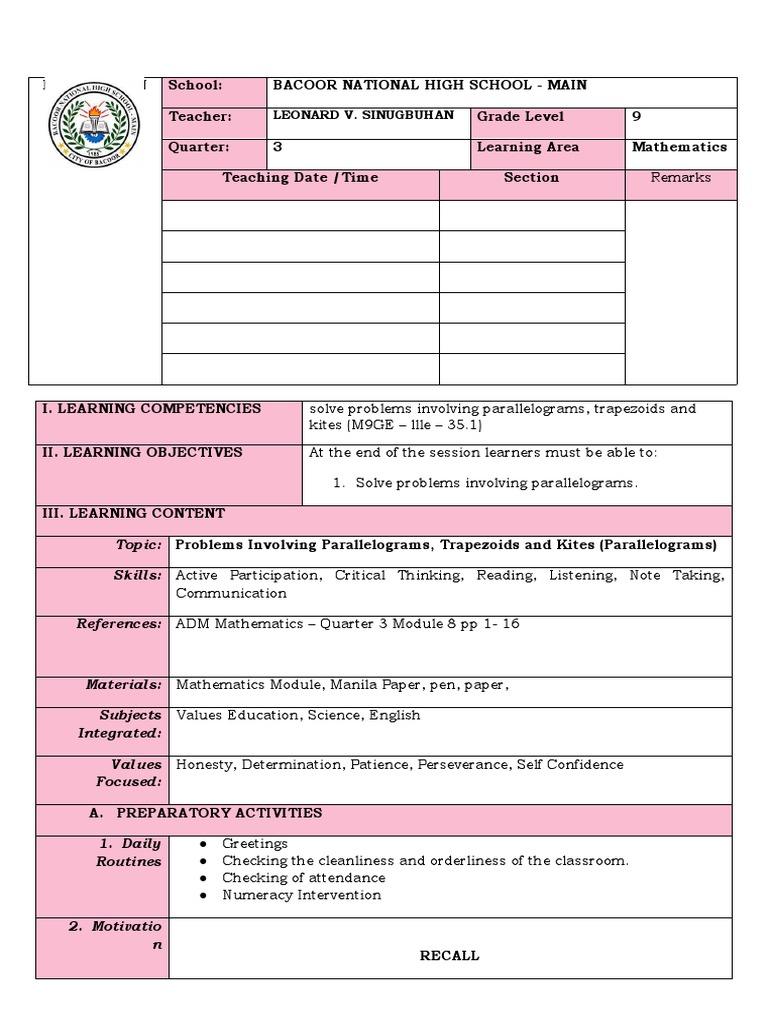 Grade 9 Geometry Lesson Plan: Shapes | PDF | Learning | Lesson Plan